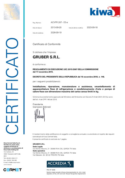 Gruber srl - Certificazione ACVPR 287 - ES-a