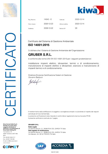 Gruber srl - Certificazione ISO -14001:2015