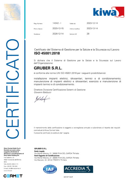 Gruber srl - Certificazione ISO - 45001:2018